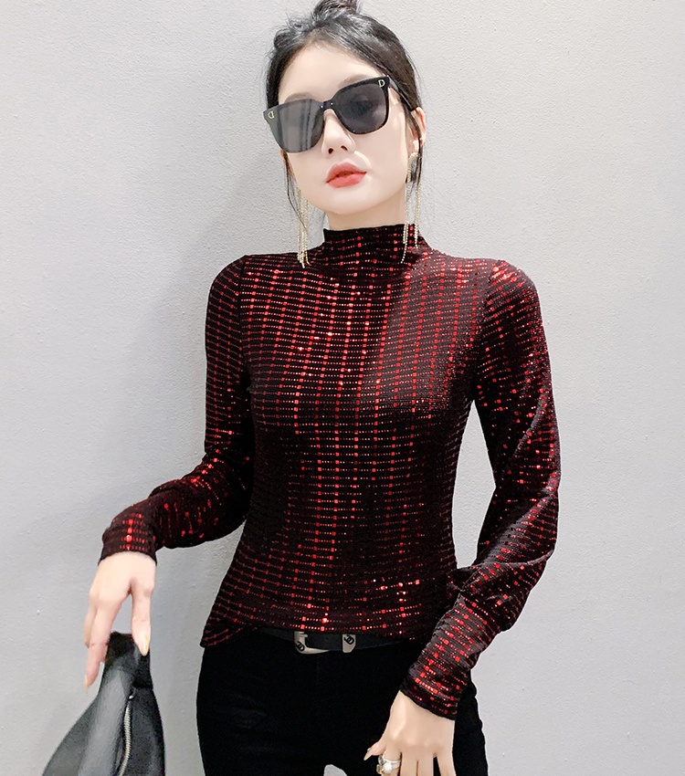 Half high collar tops sequins bottoming shirt for women