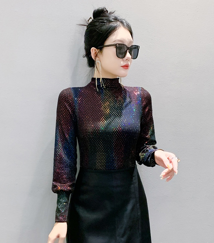 Half high collar tops sequins bottoming shirt for women