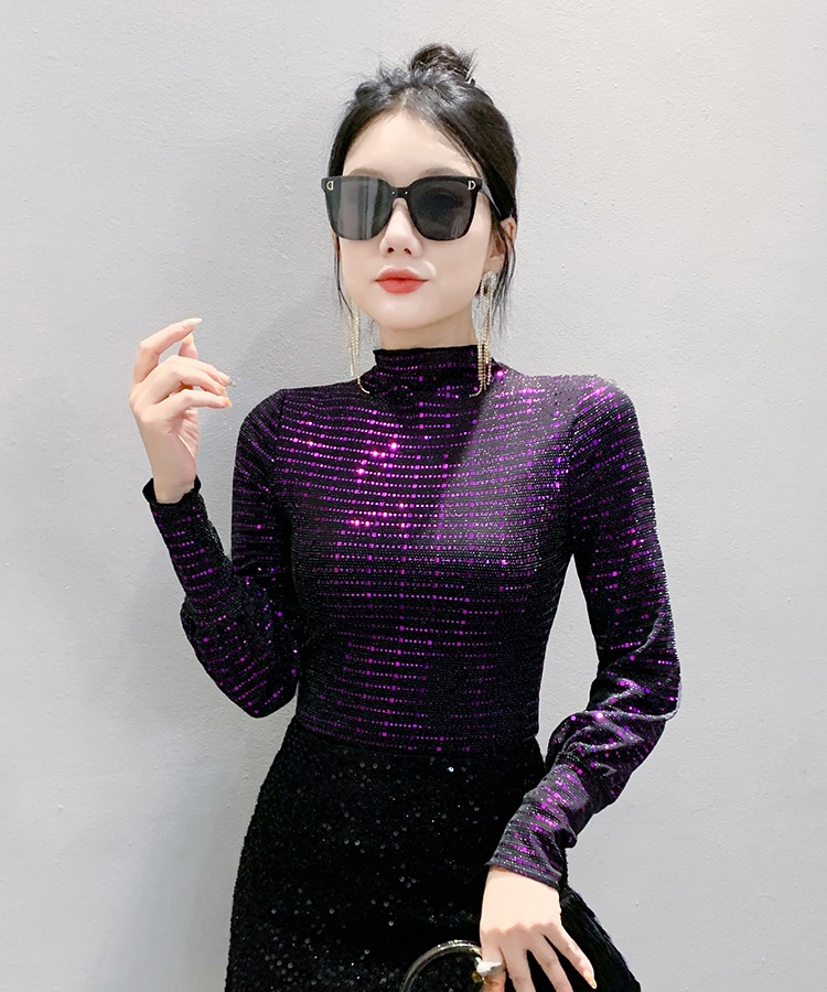 Half high collar tops sequins bottoming shirt for women