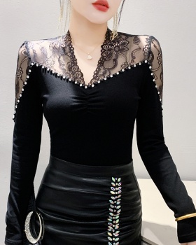 V-neck spring beading rhinestone lace tops for women