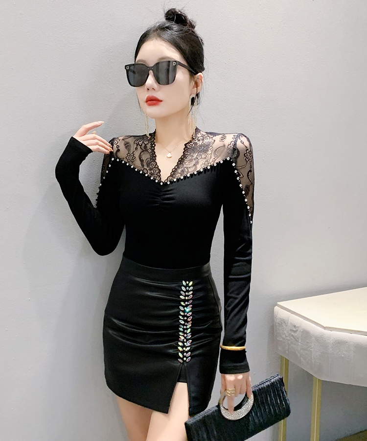 V-neck spring beading rhinestone lace tops for women