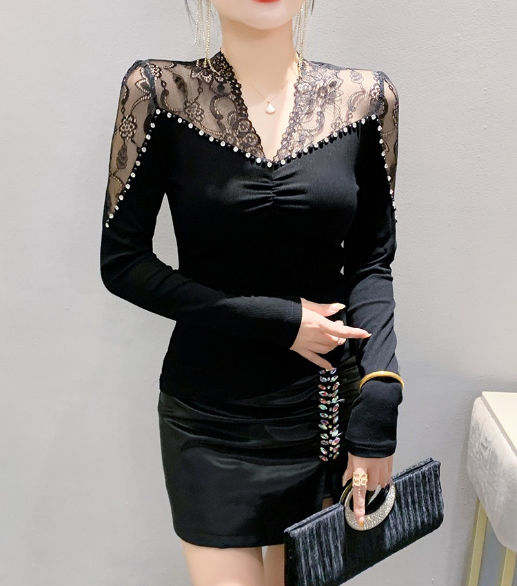 V-neck spring beading rhinestone lace tops for women