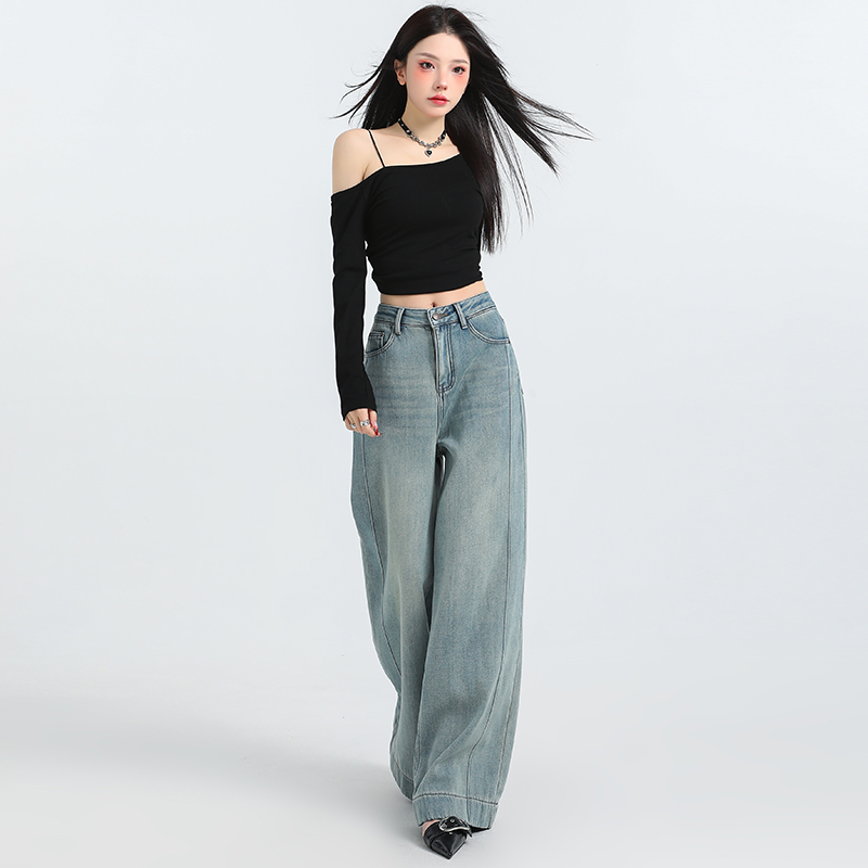 Splice spring wide leg pants lengthen denim jeans for women