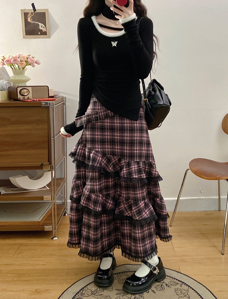 Plaid large yard long skirt lace short skirt