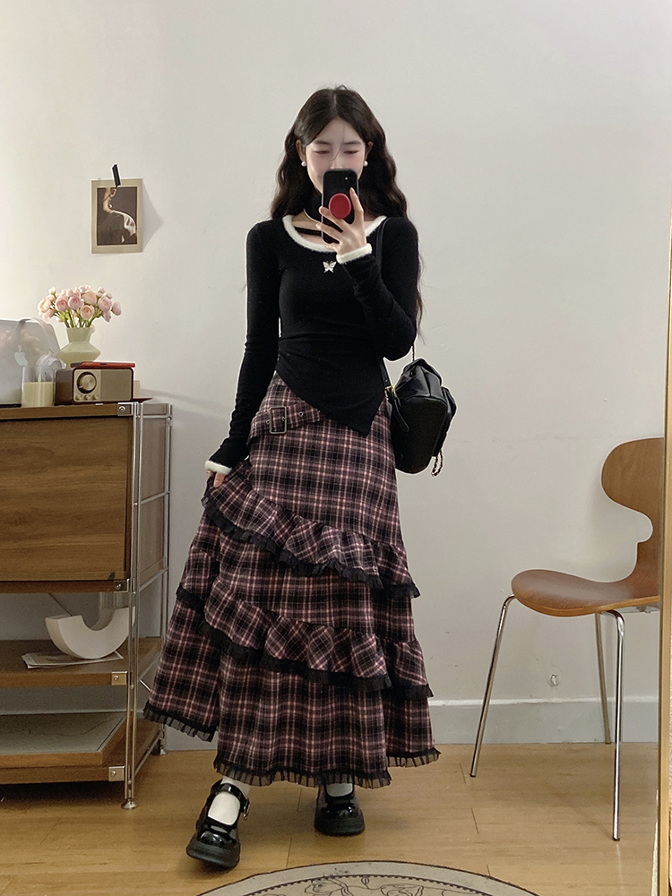 Plaid large yard long skirt lace short skirt