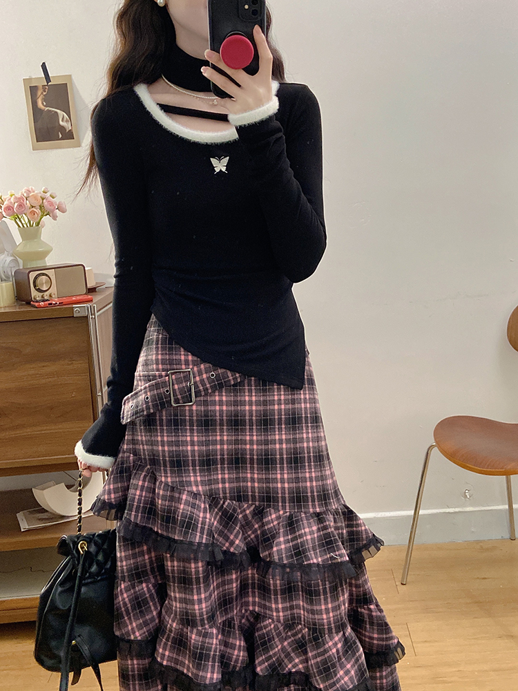 Plaid large yard long skirt lace short skirt