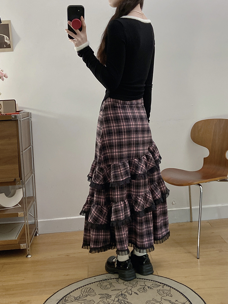 Plaid large yard long skirt lace short skirt