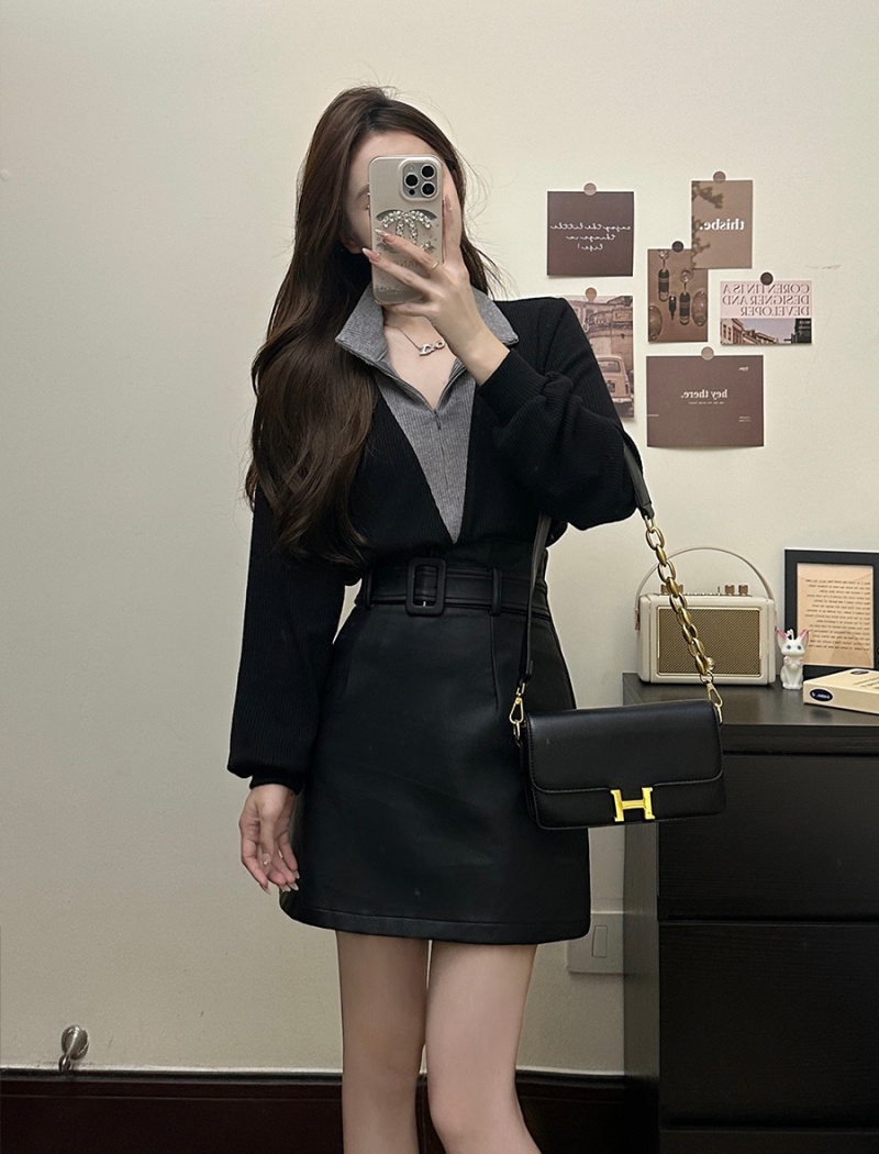 Accent sweater leather skirt 2pcs set for women