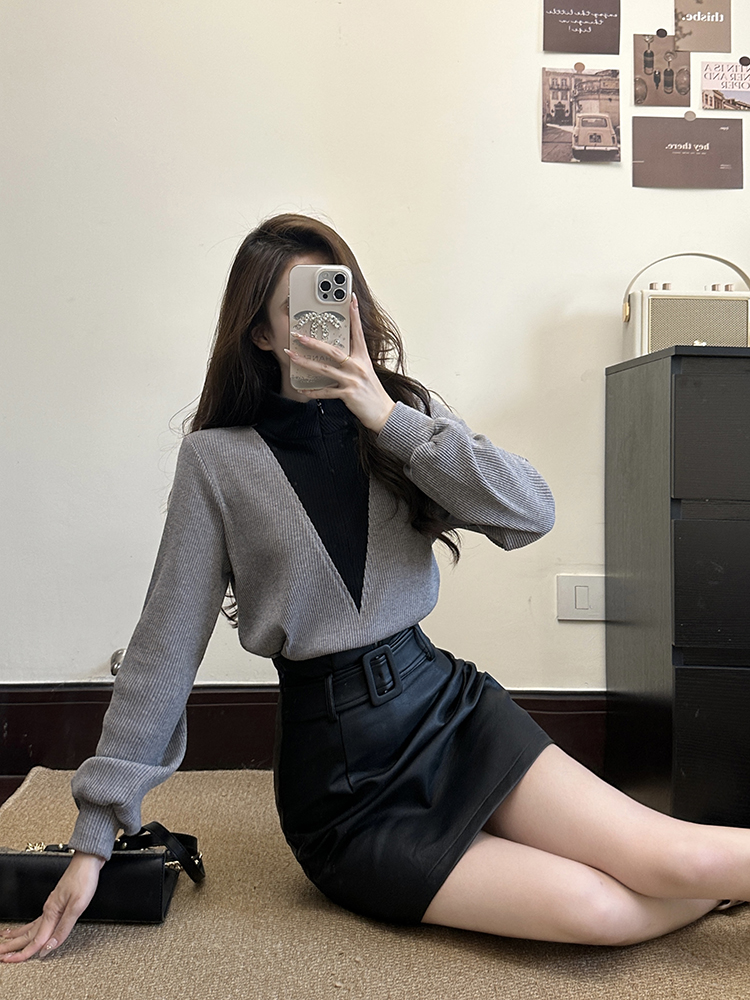 Accent sweater leather skirt 2pcs set for women