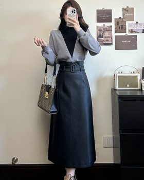 Long leather skirt large yard sweater 2pcs set for women