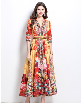 Spring printing retro shirt long court style dress