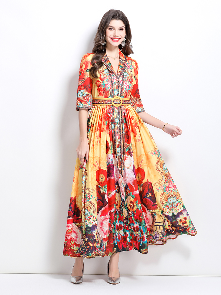 Spring printing retro shirt long court style dress