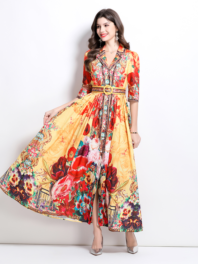 Spring printing retro shirt long court style dress