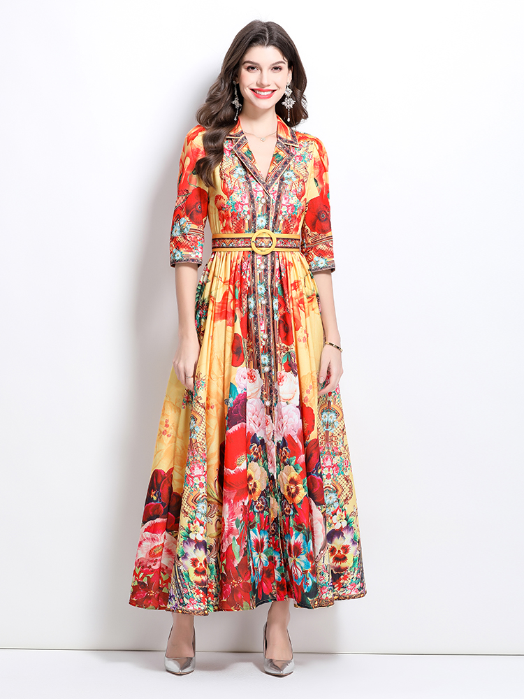 Spring printing retro shirt long court style dress