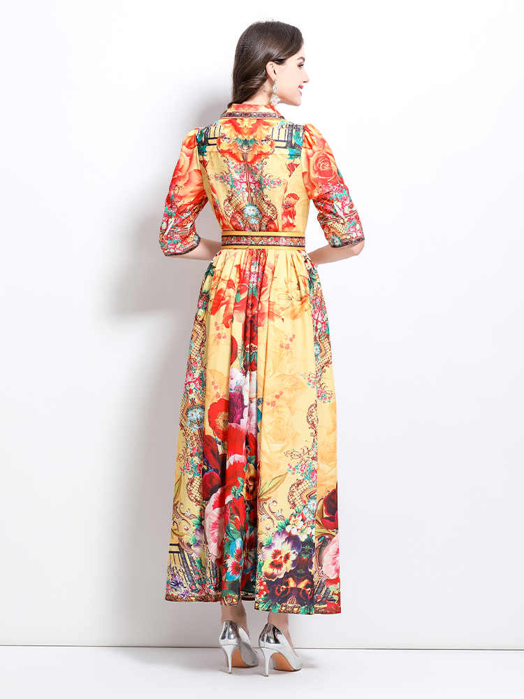 Spring printing retro shirt long court style dress