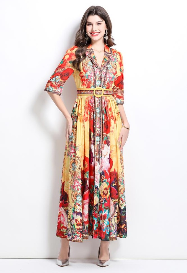 Spring printing retro shirt long court style dress