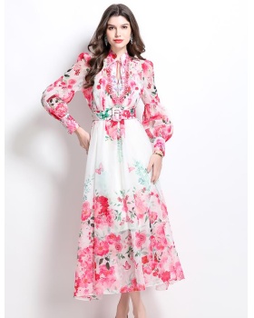 Printing retro lantern sleeve spring and summer dress