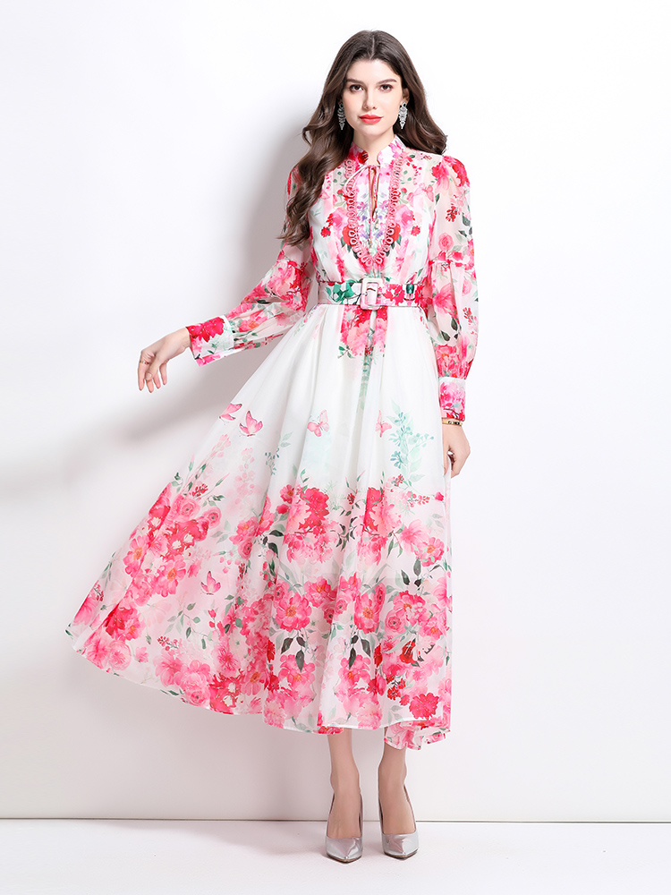 Printing retro lantern sleeve spring and summer dress