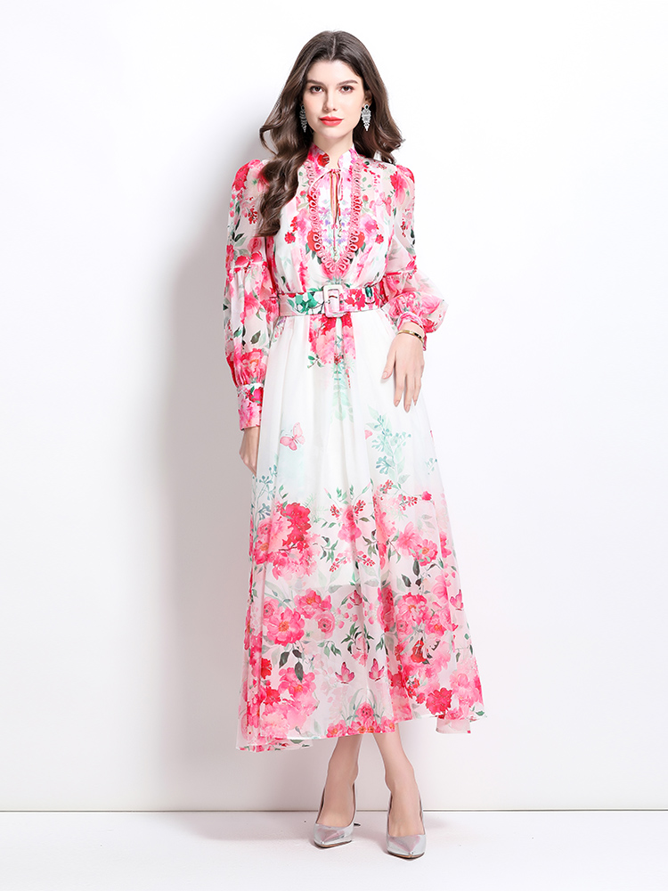 Printing retro lantern sleeve spring and summer dress