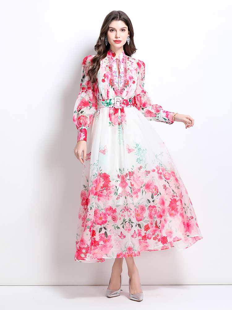 Printing retro lantern sleeve spring and summer dress