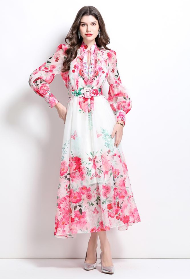 Printing retro lantern sleeve spring and summer dress