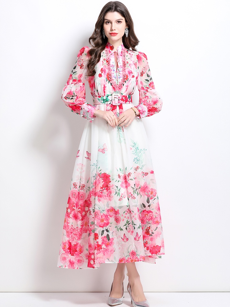 Printing retro lantern sleeve spring and summer dress