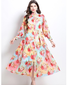 Lantern sleeve spring and summer mixed colors retro dress