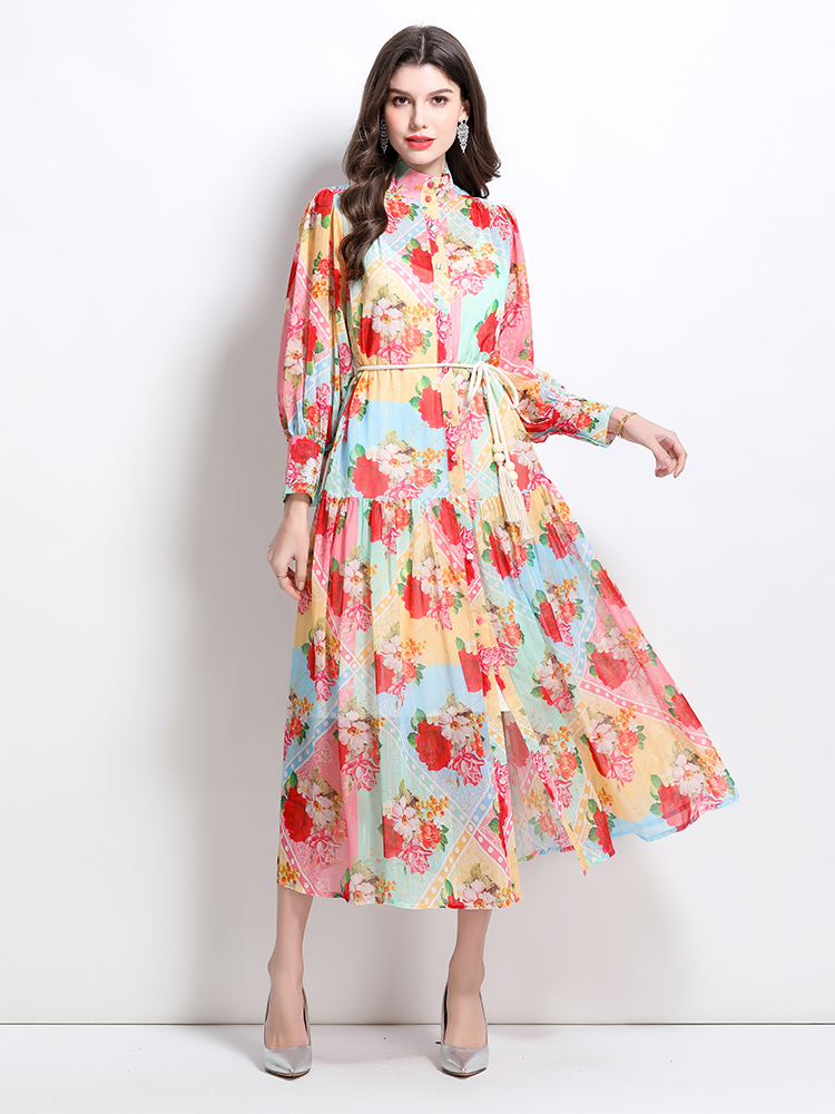 Lantern sleeve spring and summer mixed colors retro dress