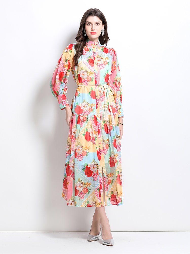 Lantern sleeve spring and summer mixed colors retro dress