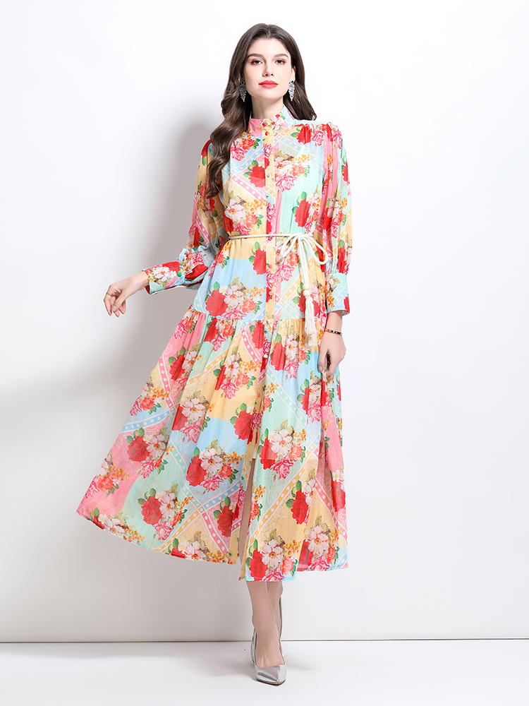 Lantern sleeve spring and summer mixed colors retro dress