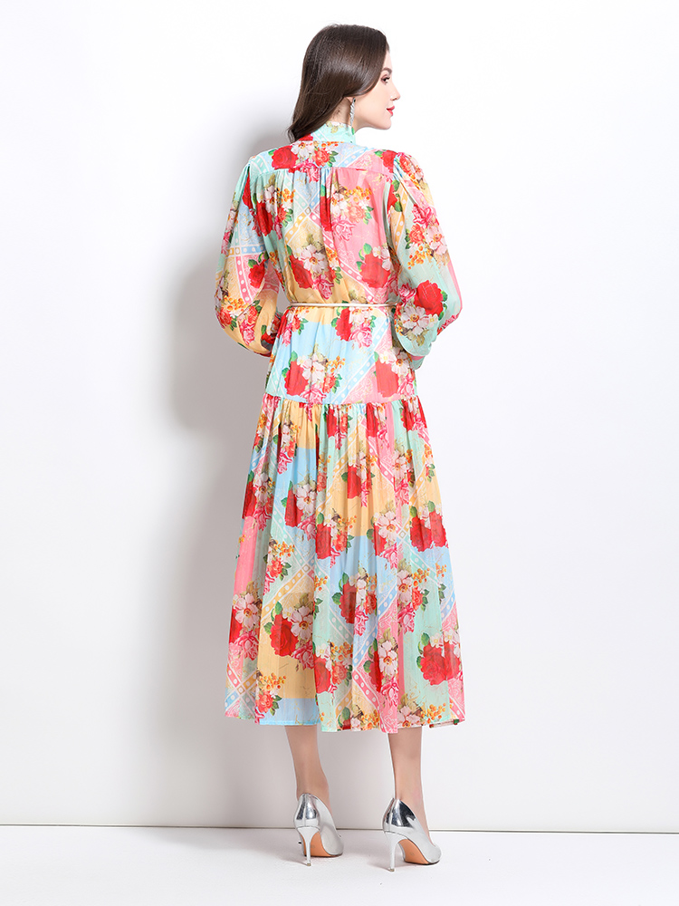 Lantern sleeve spring and summer mixed colors retro dress