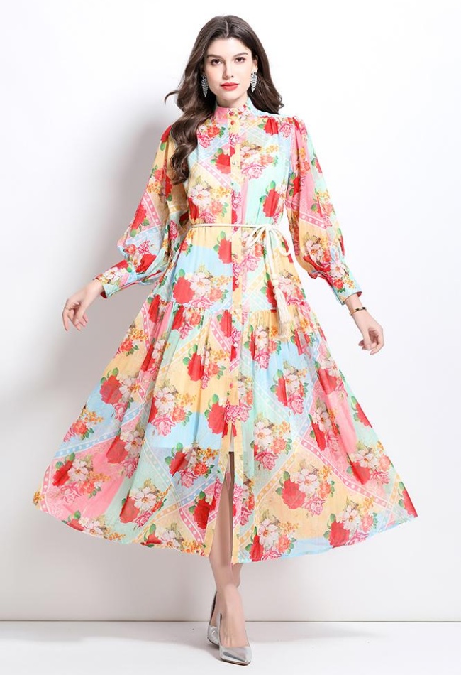 Lantern sleeve spring and summer mixed colors retro dress