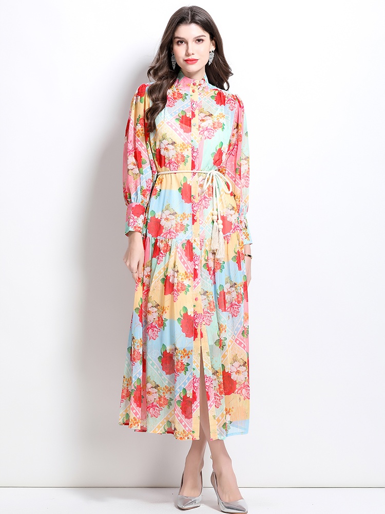 Lantern sleeve spring and summer mixed colors retro dress