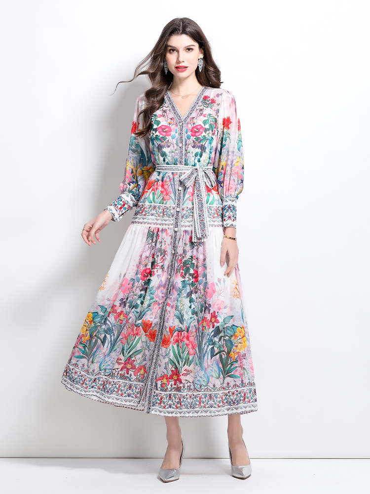 Printing national style retro V-neck dress