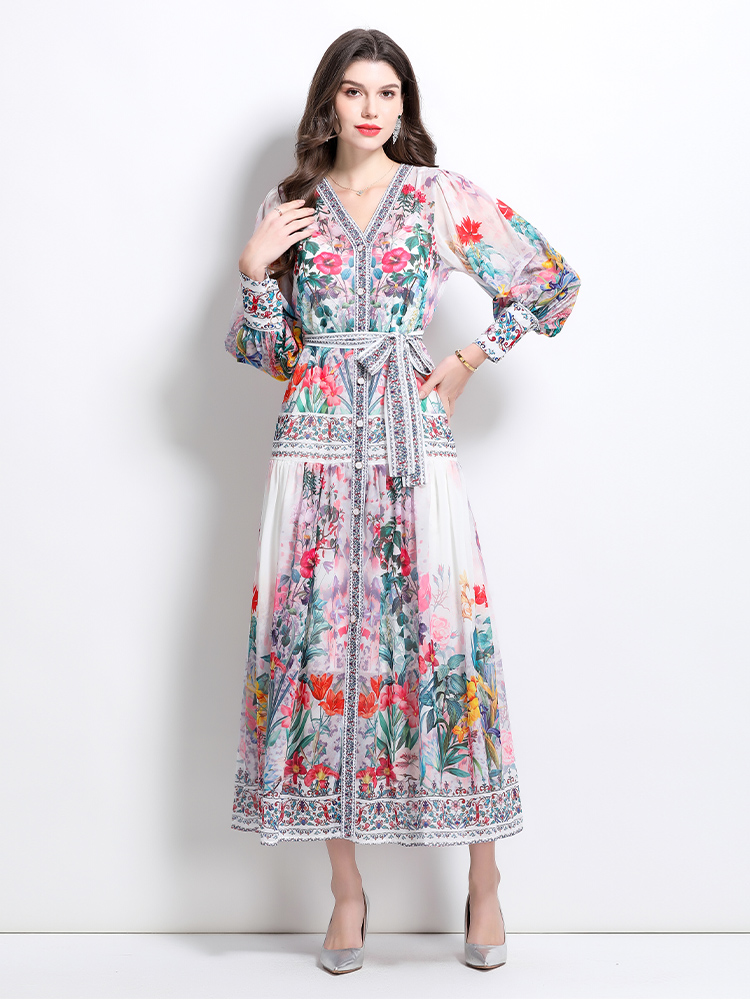 Printing national style retro V-neck dress