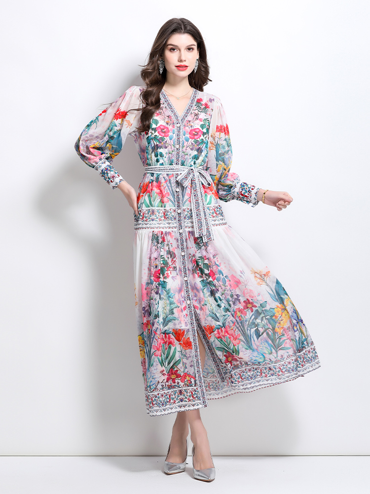 Printing national style retro V-neck dress