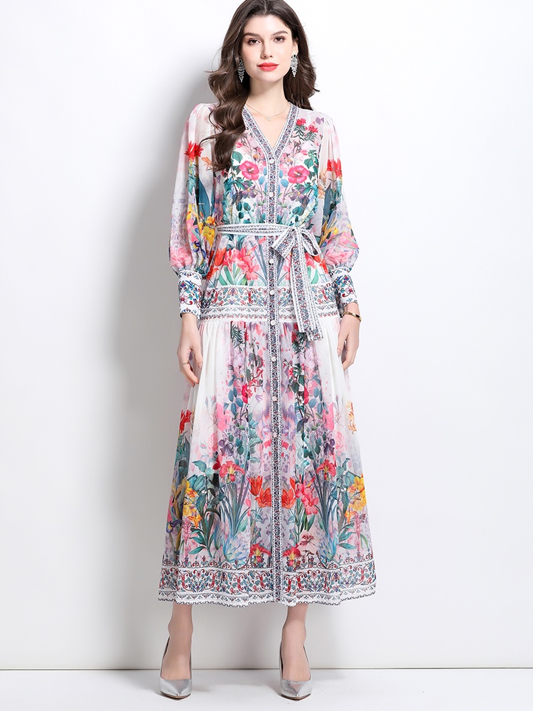 Printing national style retro V-neck dress