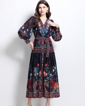 Retro national style printing lantern sleeve dress