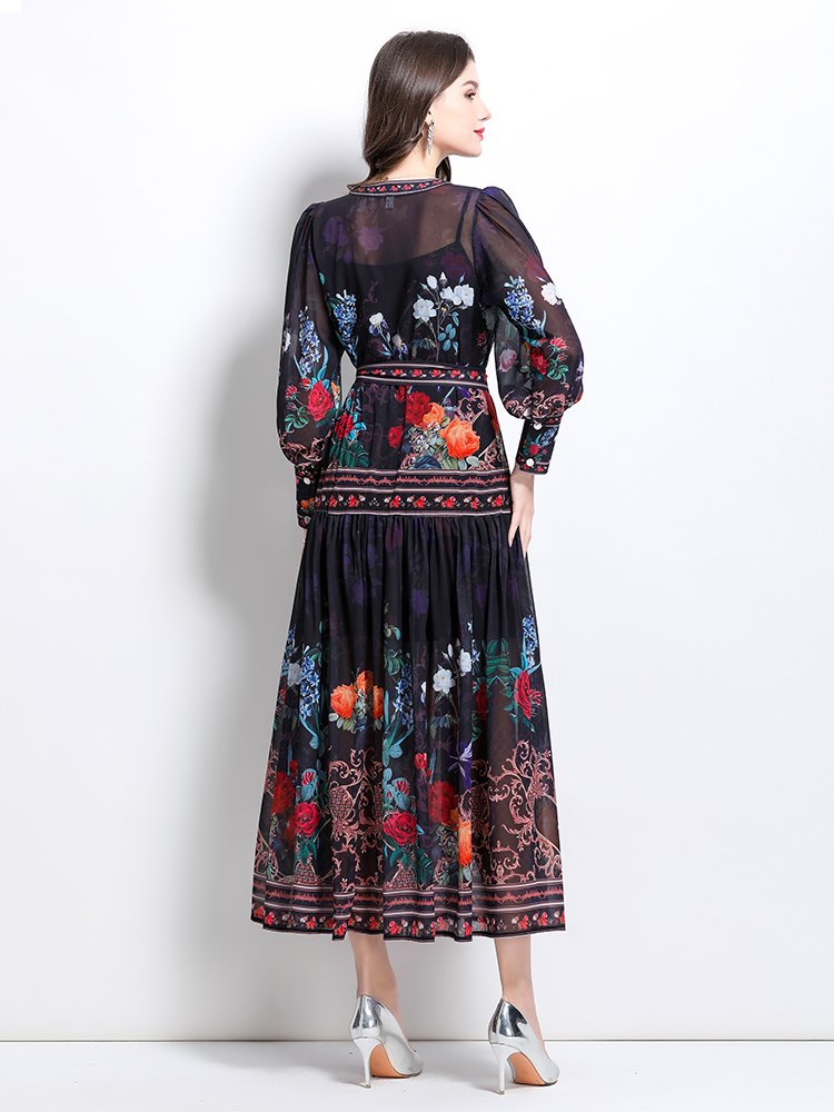 Retro national style printing lantern sleeve dress