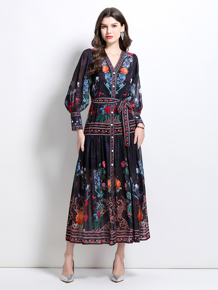 Retro national style printing lantern sleeve dress