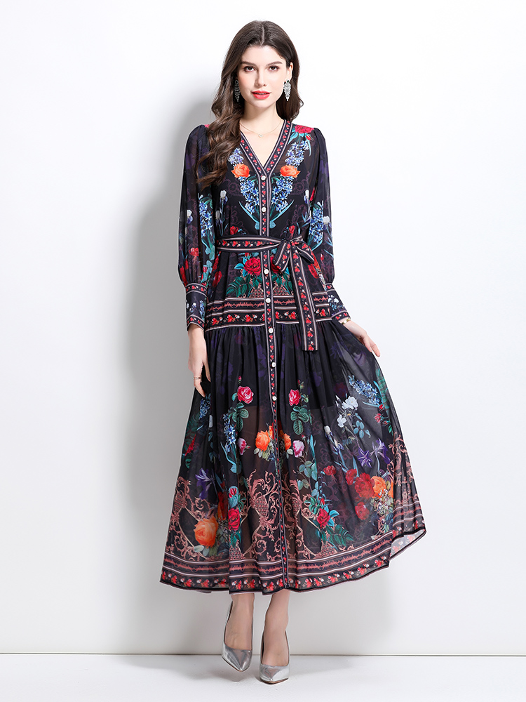 Retro national style printing lantern sleeve dress