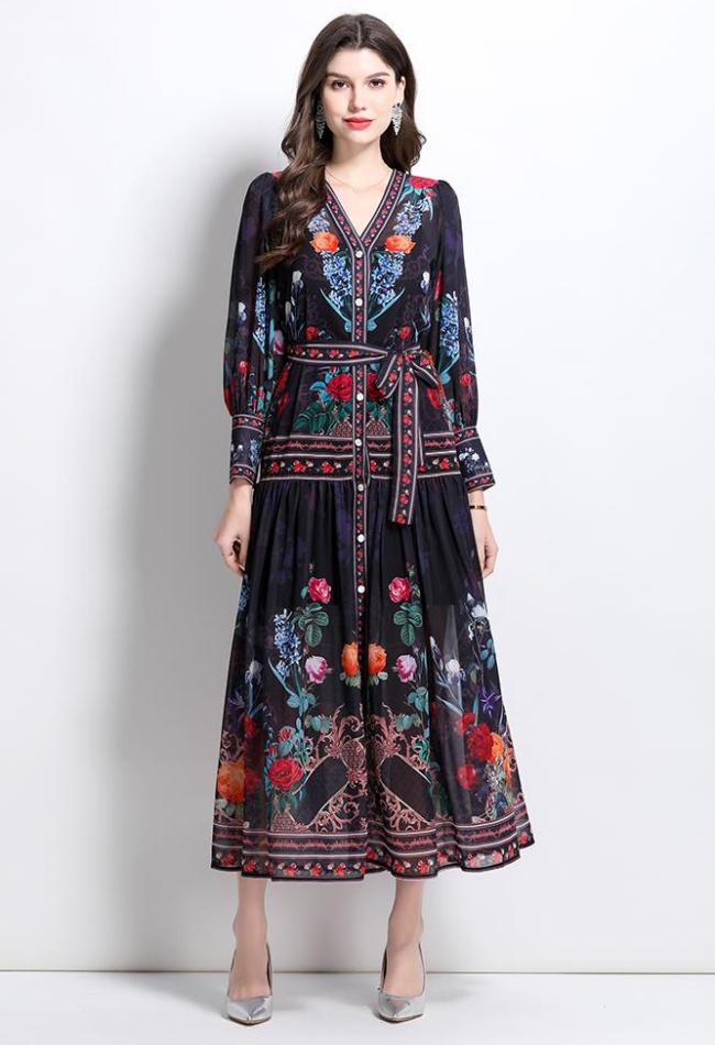 Retro national style printing lantern sleeve dress