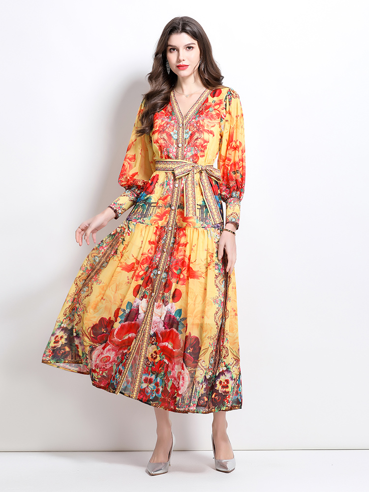 National style spring and summer printing V-neck dress