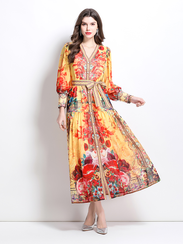 National style spring and summer printing V-neck dress