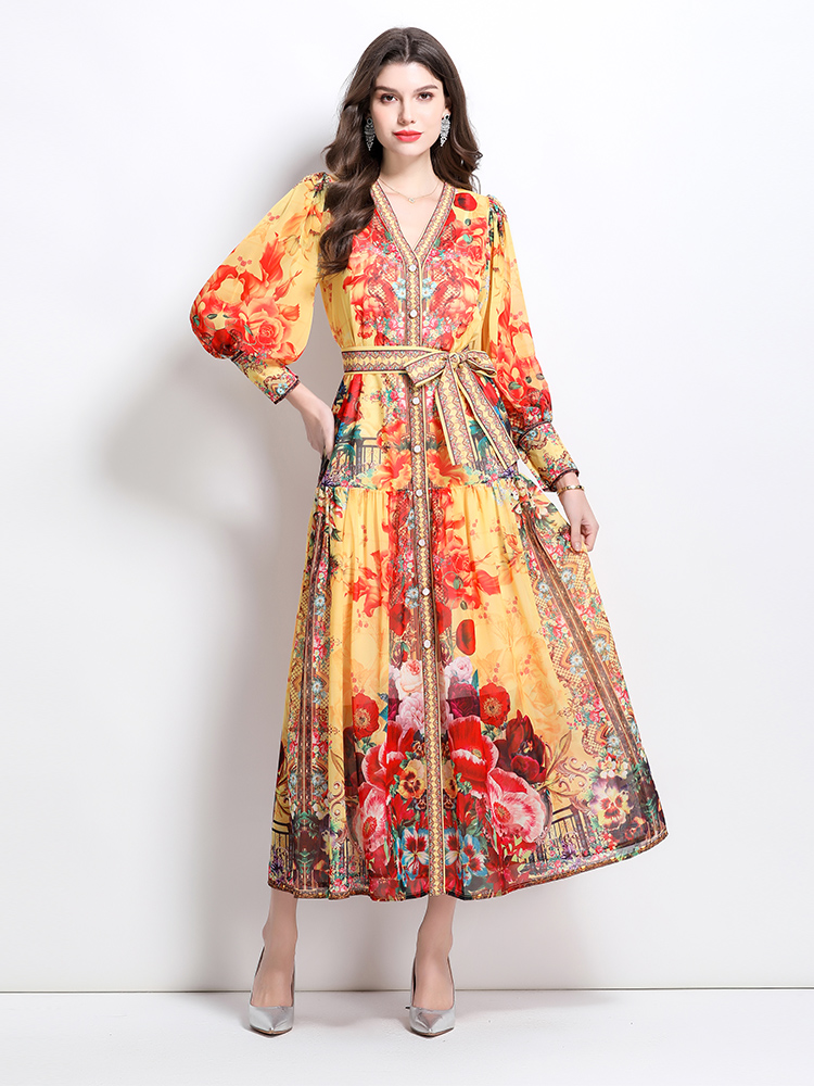 National style spring and summer printing V-neck dress