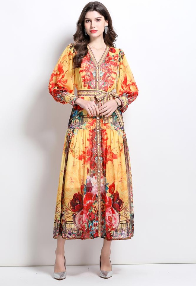 National style spring and summer printing V-neck dress