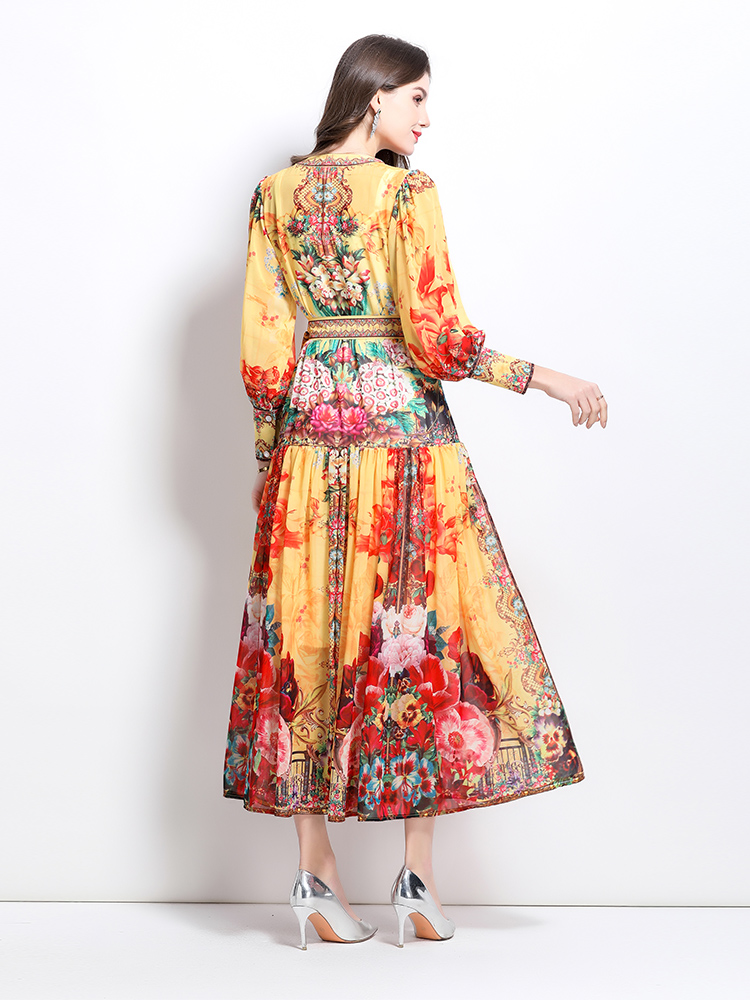 National style spring and summer printing V-neck dress