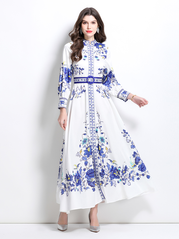 Blue and white porcelain long spring and summer dress