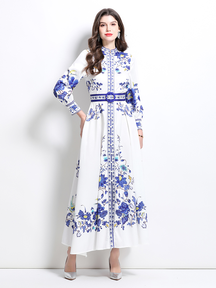 Blue and white porcelain long spring and summer dress