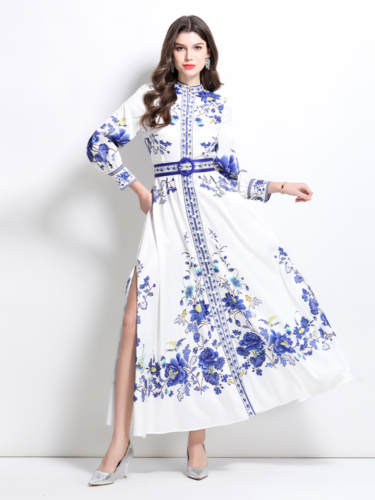 Blue and white porcelain long spring and summer dress